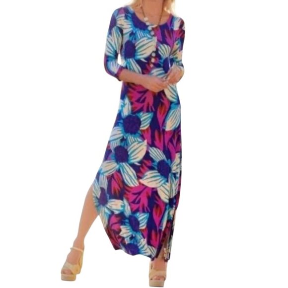 Soft Surroundings 2X Serena Maxi Floral Nazarine Blue Multi Dress Stretch NWT - Picture 2 of 6